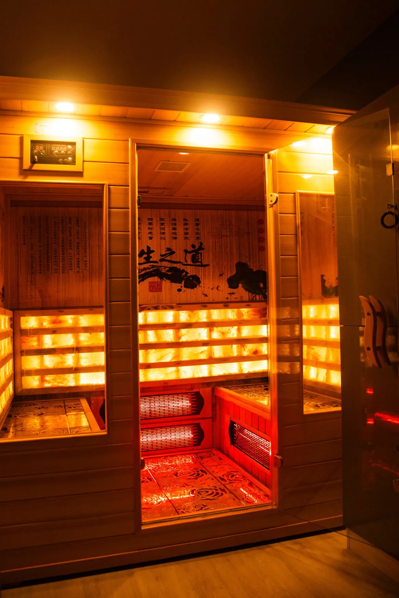 Infrared sauna with salt panels and integrated heating elements.