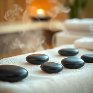 A calming spa scene with heated basalt stones neatly placed on a soft towel, surrounded by gentle steam, conveying relaxation and tranquility.
