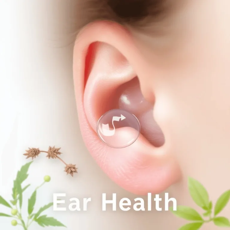 A close-up of a healthy ear with visible ear wax, surrounded by soothing herbs and essential oils, set against a soft, calming background.