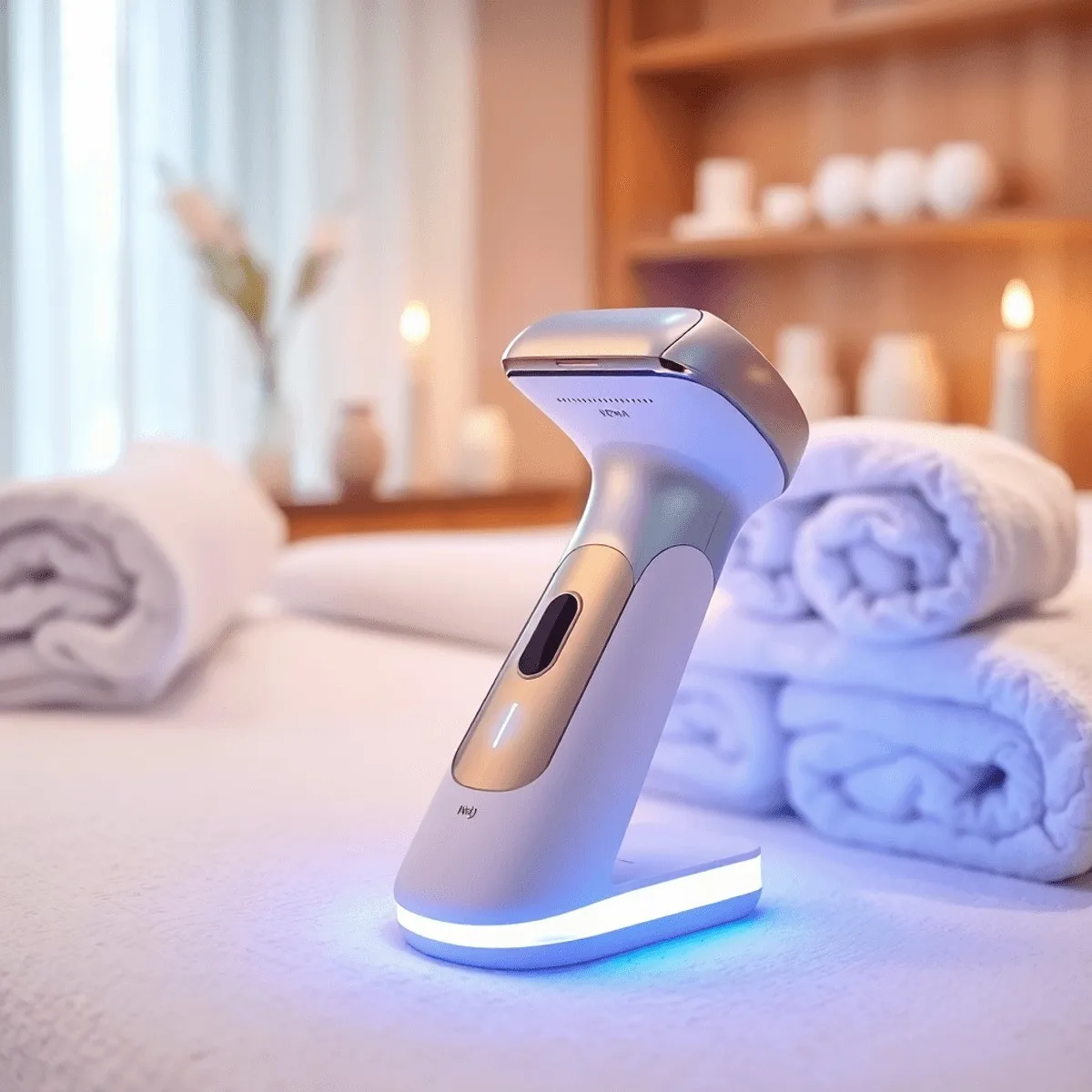 A modern hair removal device emitting gentle light beams, surrounded by soft towels and calming decor in a serene spa setting.