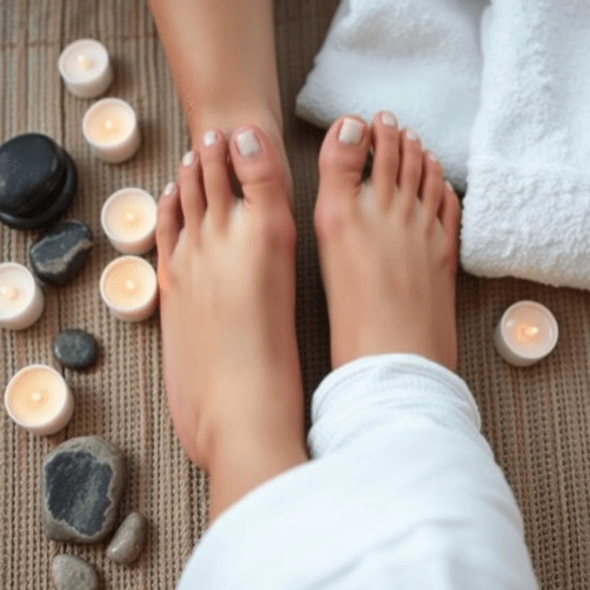 A pair of feet being gently massaged, surrounded by smooth stones, candles, and soft towels, evoking a sense of relaxation and wellness.