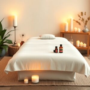 A tranquil spa setting with a massage table dressed in soft linens, surrounded by essential oil bottles, calming candles, and natural elements like...