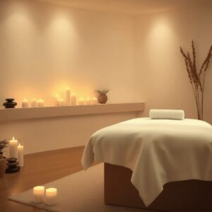 A tranquil spa room with soft lighting, a white-linen massage table, glowing candles, stones, and plants creating a peaceful atmosphere.
