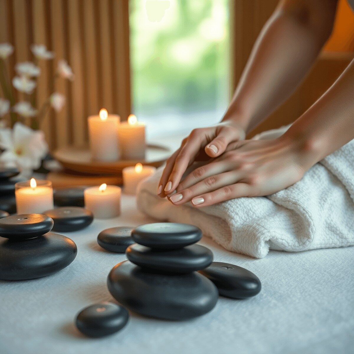 Hands giving a relaxing massage surrounded by smooth stones and lit aromatic candles in a calm spa setting.