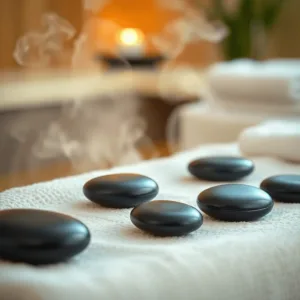A calming spa scene with heated basalt stones neatly placed on a soft towel, surrounded by gentle steam, conveying relaxation and tranquility.
