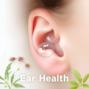 A close-up of a healthy ear with visible ear wax, surrounded by soothing herbs and essential oils, set against a soft, calming background.