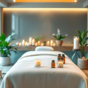 A tranquil spa scene with a massage table adorned with soft linens, essential oils, and candles, surrounded by gentle lighting and lush plants.