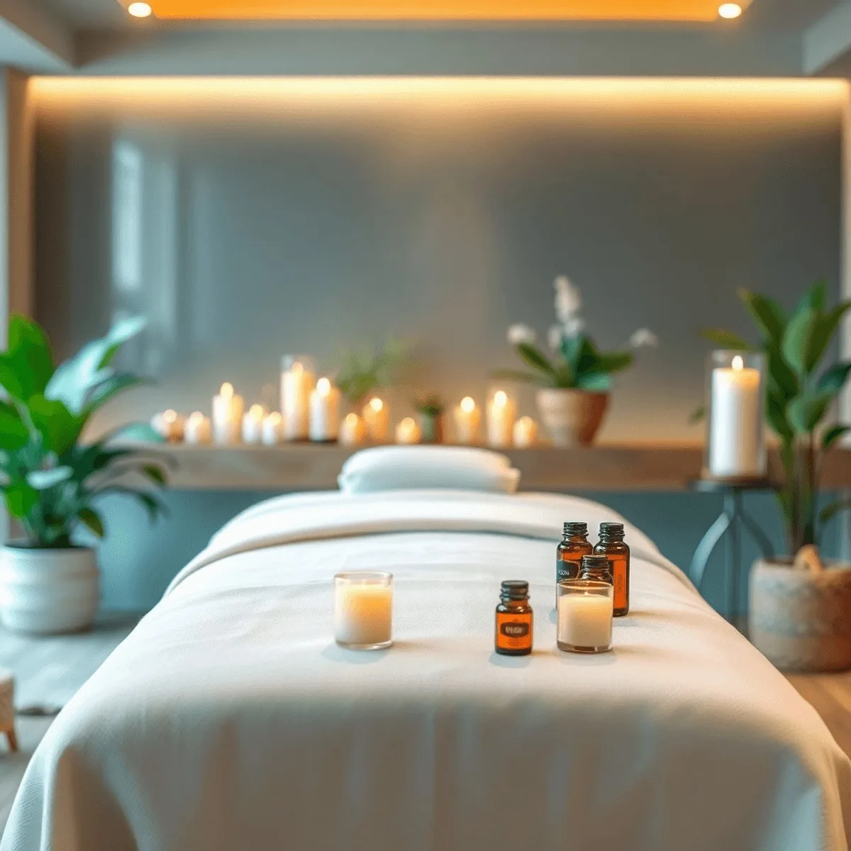 A tranquil spa scene with a massage table adorned with soft linens, essential oils, and candles, surrounded by gentle lighting and lush plants.