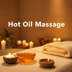 A tranquil spa setting with warm herbal oils, a massage table adorned with soft towels, and calming candles, all in soothing earth tones and gentle...