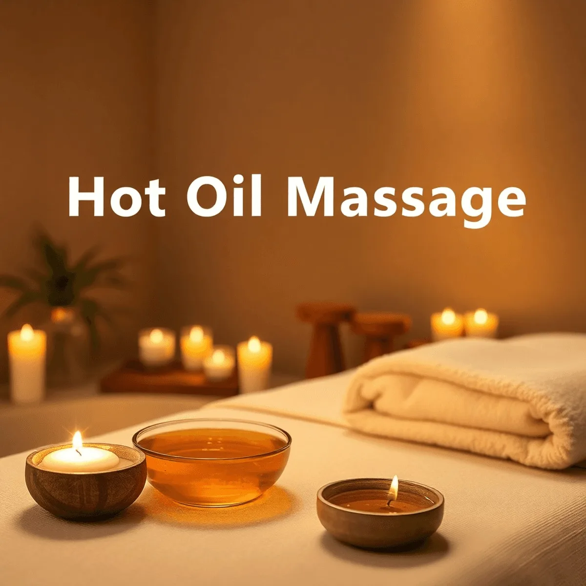 A tranquil spa setting with warm herbal oils, a massage table adorned with soft towels, and calming candles, all in soothing earth tones and gentle...