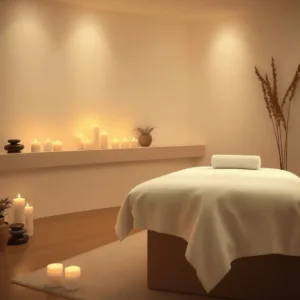 A tranquil spa room with soft lighting, a white-linen massage table, glowing candles, stones, and plants creating a peaceful atmosphere.