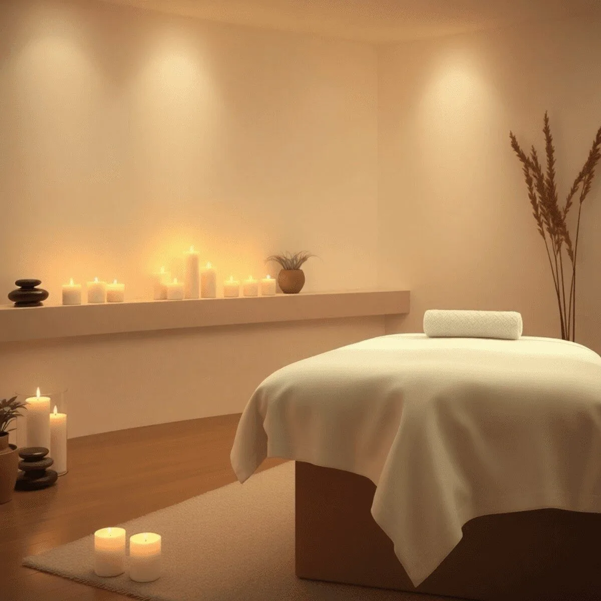 A tranquil spa room with soft lighting, a white-linen massage table, glowing candles, stones, and plants creating a peaceful atmosphere.