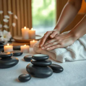 Hands giving a relaxing massage surrounded by smooth stones and lit aromatic candles in a calm spa setting.