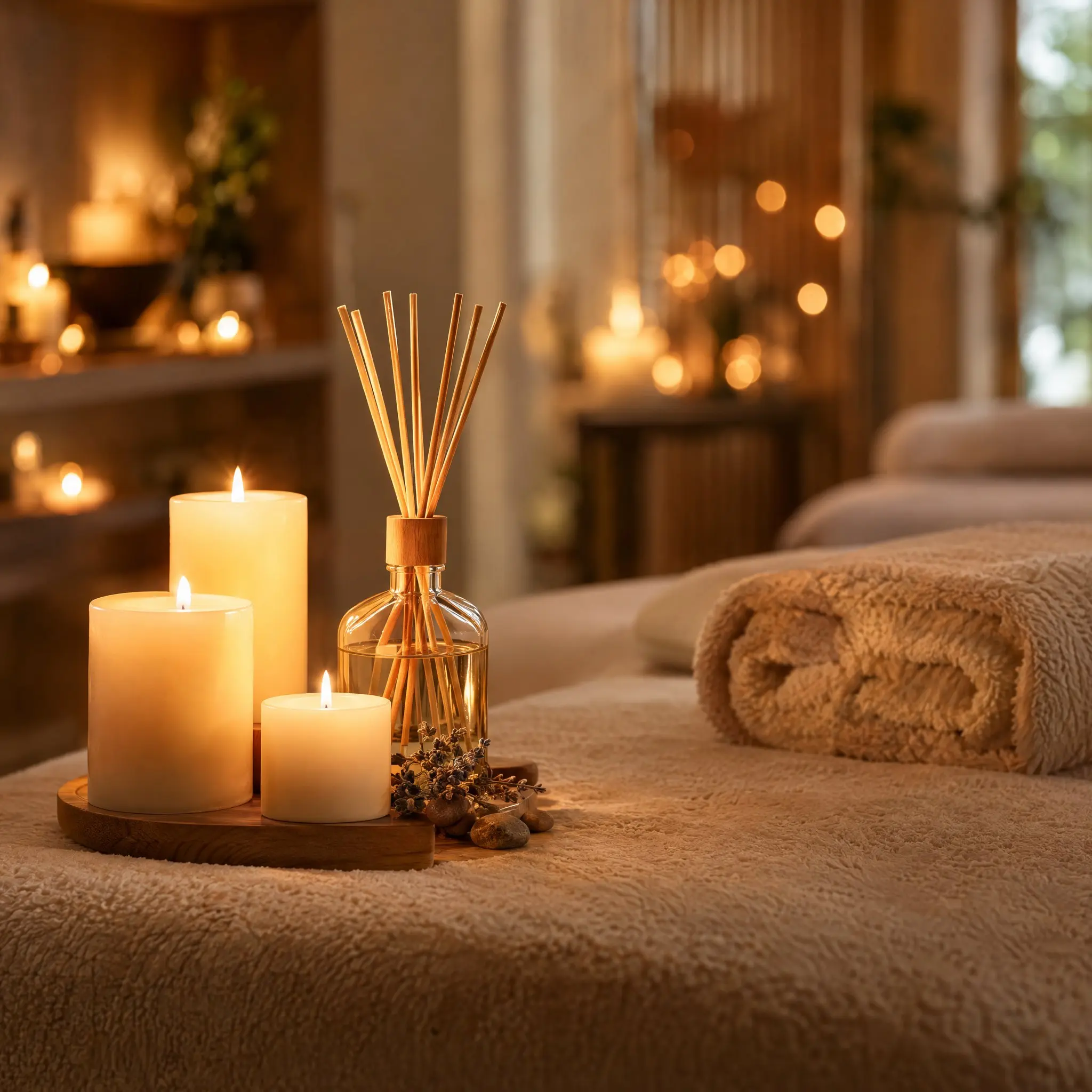 Spa candles and aromatherapy diffuser on massage table
