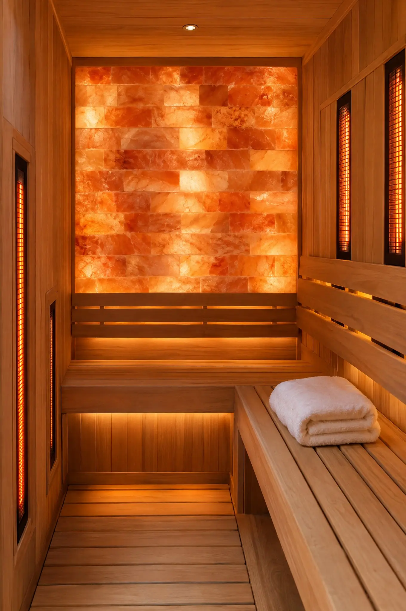Infrared sauna with salt panels and integrated heating elements.